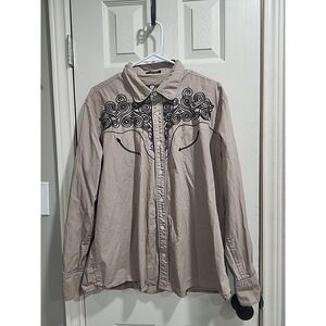 Coofandy Men's XL Dress Shirt Western Embroidery Casual Cowboy Style Beige